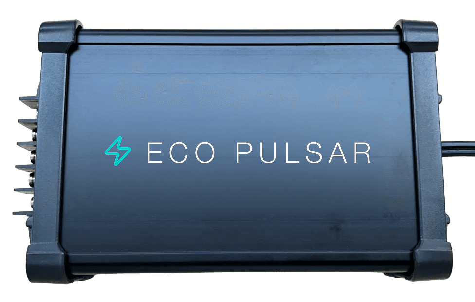 Eco Pulsar e³ unit — aluminium case with signal lead terminals on the left and integrated power cable on the right